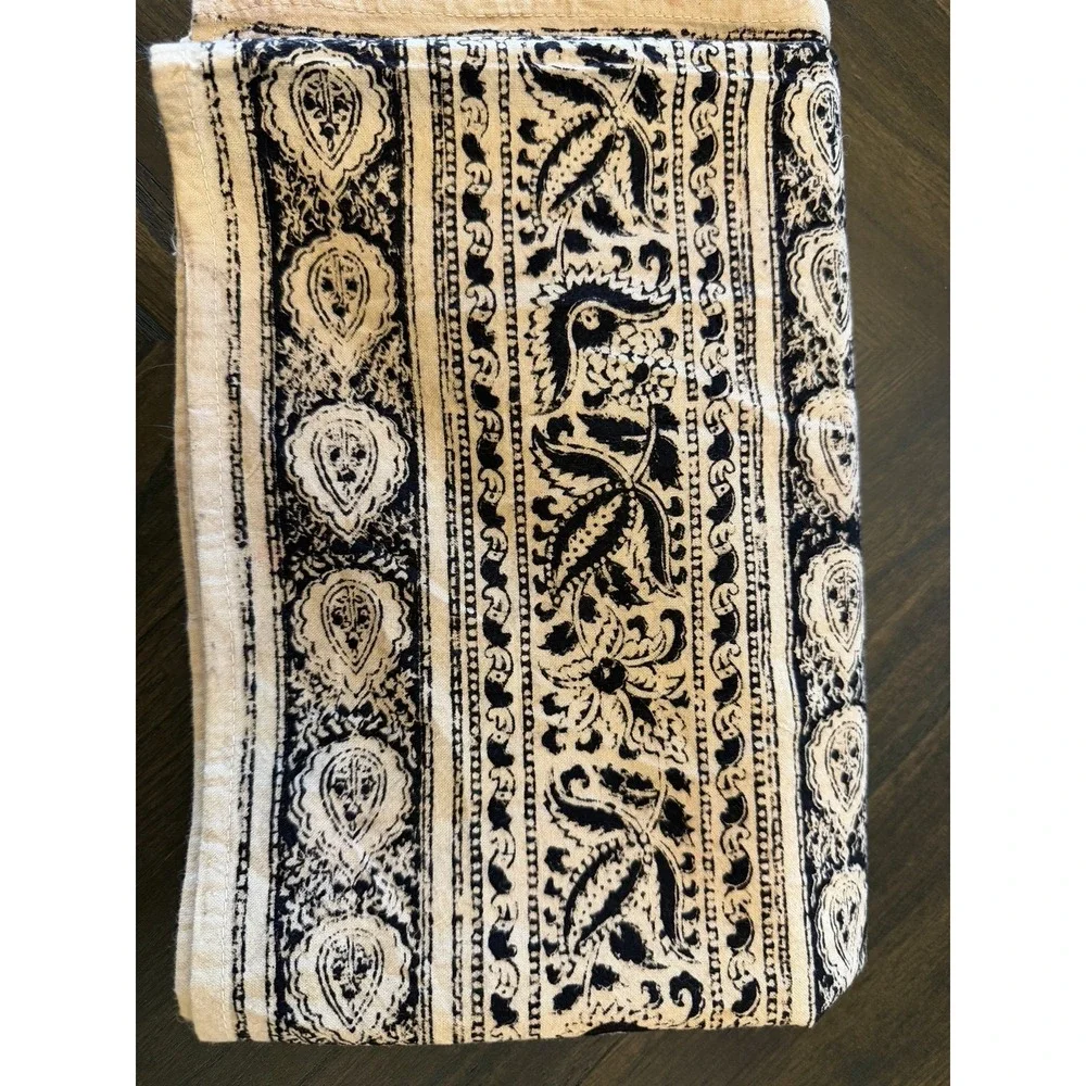 Vintage Indian Block Print Floral Tablecloth Border Black Burgundy Square 44